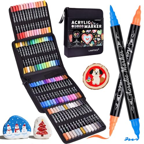 Lamitocs Penne acriliche per pittura Pennarelli, 60 colori Pennarelli a doppia punta fine e in feltro per pittura su roccia, legno, tela, calligrafia, forniture artistiche per progetti fai da te di