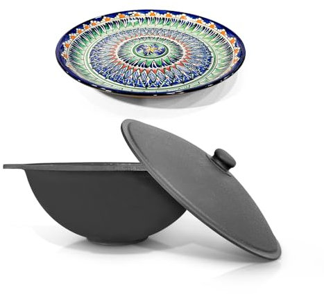 ZARENHOFF Hierro fundido Kazan 16 L Ø 46,5 cm de fondo plano con Lagan Ø 37 cm Olla uzbeka WOK Kazan Ljagan Namangan Asia Казан ляган (Set 615)
