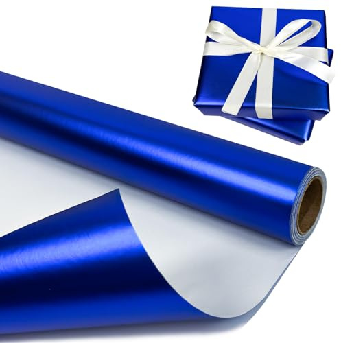 BIHIYII Blue Metallic Wrapping Paper Roll 43 cm x 10 m, Birthday Wrapping Paper Rolls, Matte Gift Wrap for Birthday Christmas Wedding Party Bouquets (Blue)