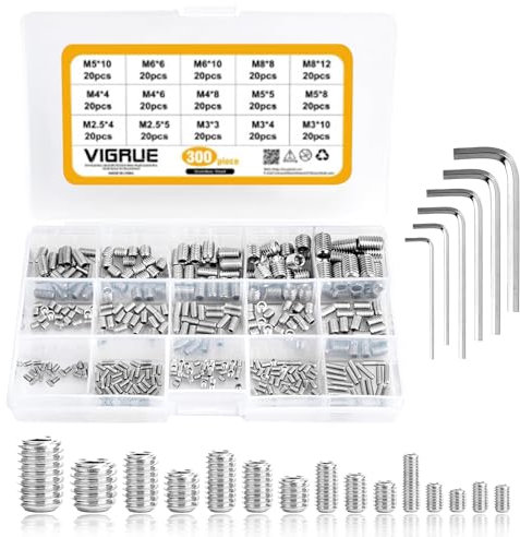 300 Stück Madenschrauben Sortiment Set, Edelstahl M2.5 M3 M4 M5 M6 M8 Madenschrauben, Gewindestifte Inbusschraube Sortiment Kit mit Schraubenschlüssel für Türgriff, Türklinke, Halterung