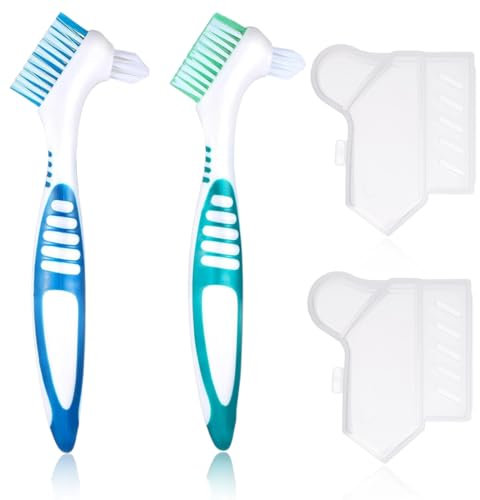 IKOPFLN 2 Pièce Mini brosse a dent, brosse a dent pour dents artificielles, Brosse à Dents Dentier, Brosse à Prothèses pour Appareil Dentaire Double Angle, Avec 2 protections de tête de brosse