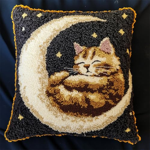 Rqwybcaxn Latch Hook Kits for Adults, Cat Lying On The Moon Simple Cushion Making Kit Embroidery Pillowcase DIY Craft Decor Kit Gift for Home Decor, 17 X 17