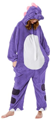 OLAOLA Combinaison pour Adultes Unisexe, Nouveauté Pyjama Costume pour Halloween, Doux Confortable Maison Vêtements de Nuit, Une Pièce Pyjama Cosplay Vêtements de Détente (M, Dinosaure Violet)