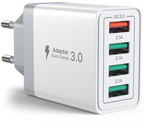 USB Ladegerät, 4-Port 33W Schnellladegerät, USBA Netzteil mit QC 3.0 Mehrfach USB Stecker Power Adapter für iPhone 16 15 14 13 12 11 Pro Max, Samsung, Huawei, Xiaomi, Handys Fast Charger Ladeadapter
