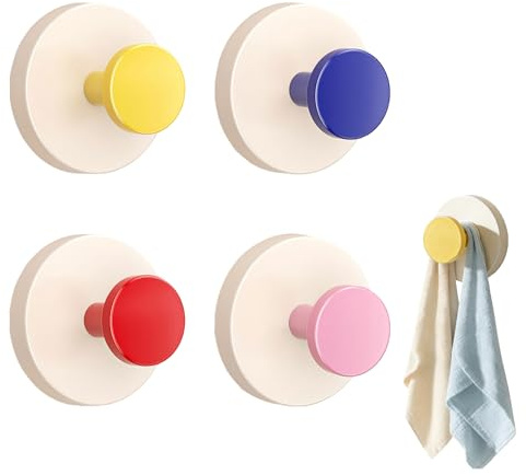 Coat Hooks Self Adhesive, Colourful Stick On Wall Hooks for Kids Room, No Drill Removable Hooks for Towel, Clothes, Backpack & Hat, Cute Children Wall Hooks for Nursery, Bathroom & Bedroom (4)
