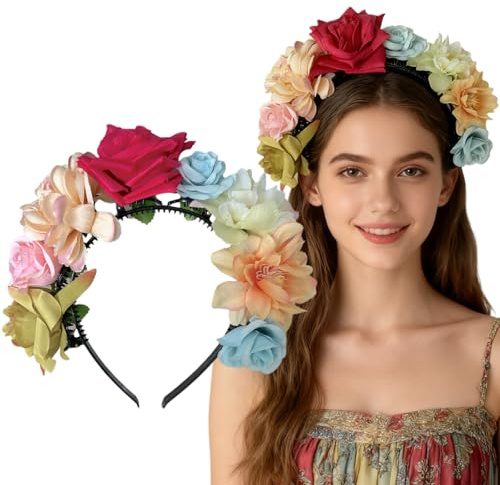 Cerchietto per capelli con fiori, Dirndl da sposa, fascia per capelli, per carnevale, feste, costume (rosso rosato)