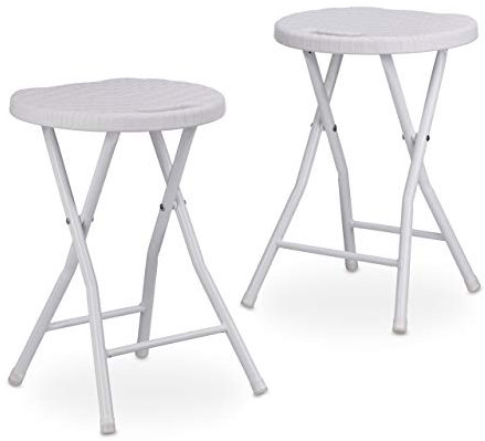 Relaxdays Klapphocker BASTIAN rund, 2 Stk. Faltbar, Kunststoff, Rattanoptik, Wetterfest HxBxT: 45 x 32,5 x 29 cm, weiß