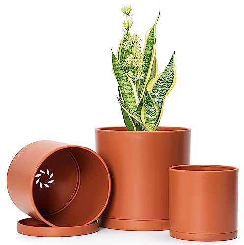 D'vine Dev Juego de 3 macetas Minimalistas pequeñas de plástico cilíndricas de 4, 5 y 6 Pulgadas, con Agujero de Drenaje y platillos sin Costuras, Color Terracota