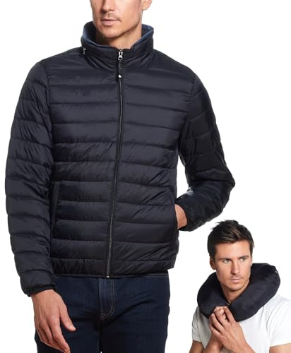 Weatherproof Men's Puffer Jacket, Lightweight Alternative Down Jacket with Packable Travel Neck Pillow, Travel-Ready Winter Jackets for Men, Water & Wind Resistant, Black, Medium