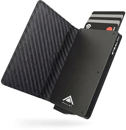 Stealth Wallet RFID Korthållare Plånbok - Smart Minimalistisk Pop Up Plånböcker med Presentlåda - Slim Lättviktiga Metalkorthållare för Män (Svart Aluminium, Svart Kolfiberläder)