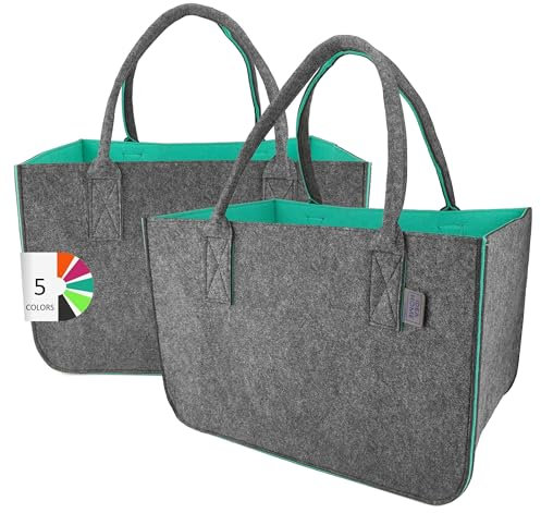 IDEA HOME Filztasche Shopper 2 Stücke Groß-30 Liter Einkaufstasche XXL Zusammenklappbar Einkaufskorb Kaminholztasche Kleiderkorb Spielzeugtasche Dunkelgrau/Türkis, XL