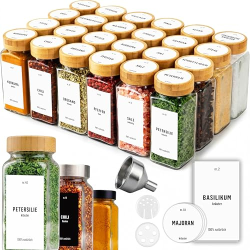 Deco Haus Juego 24 Tarros Especias con Tapa Rosca - Etiquetas, Embudo, Cepillo, Marcador - Va con Nuestros Estantes para Condimentos - Almacenamiento y Dispensador Vidrio Transparente 120ml 10.5x4.3cm