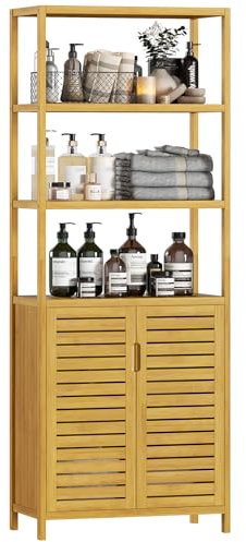 VIAGDO Hochschrank, Badezimmerschrank Bambus, Badschrank hoch mit 3 offene Fächern und Schrank, hoher Beistellschrank, Aufbewahrungsschrank, für Badezimmer, Flur, Küche, Wohnzimmer