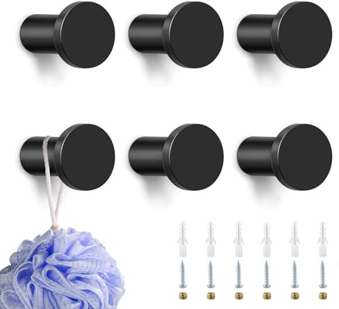 6 Garderobenhaken Kinder Einzeln Modern 35 mm, Garderobenhaken Schwarz, Kleiderhaken Wand Haken zum Schrauben Handtuchhaken Edelstahl Wandhaken Garderobe, für Badezimmer, Küche, Schlafzimmer (Schwarz)