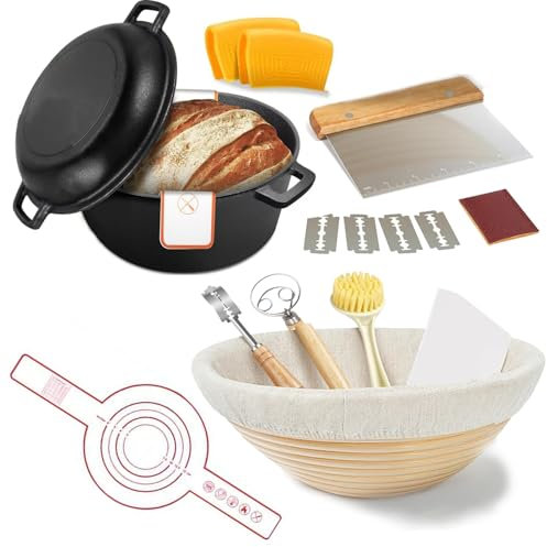 5QT Cast Iron Dutch Oven (Sourdough Starter Kit with Proofing Basket,Lame & Lid - Ideal for Bread Baking)(Family Cooking, Frying, Braising & BBQ)