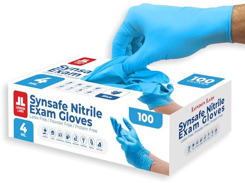 London Labs Synsafe 4 Mil - Blue Nitrile Exam Gloves –Disposable Latex Free & Powder Free – Extra Strong, Rubber Gloves – First Aid Kit, Medical, EMT, Cleaning, Cooking | Pack of (100 ct)