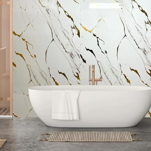 White Gold Marble Shower Wall Panels 1m x 2400mm x 10mm, Easy to Install 100% Waterproof & Heat Resistant PVC Wet Wall Panels