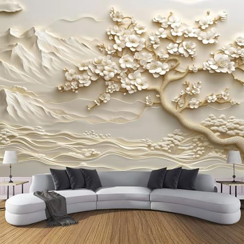 Carta Da Parati 3D Effetto, Moda XXL Design Piante Classiche Fiori Bianchi Fotomurali in TNT Rilievo Montagne Fotomurale Beige Moderna Decorazione da Parete per Camera da Letto Soggiorno 430×300cm