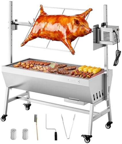VEVOR Barbecue à Charbon avec Tournebroche Électrique 38 W, Rôtissoire à Charbon de Bois Capacité de Charge 60 kg, avec Roues et 7 Niveaux de Hauteur, Broche en Inox, pour Agneau Porcelet, Camping