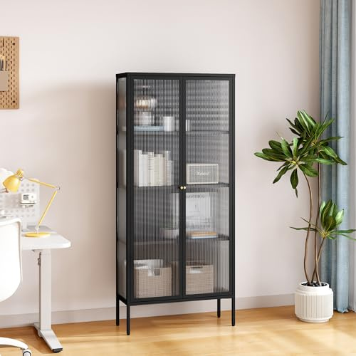 [en.casa] Armadio Vetrina con 2 Ante in Vetro Scanalato Mobile Contenitore Libreria a 4 Ripiani Scomparti Vani Portaoggetti per Soggiorno Sala Studio 180 x 80 x 35 cm - Nero