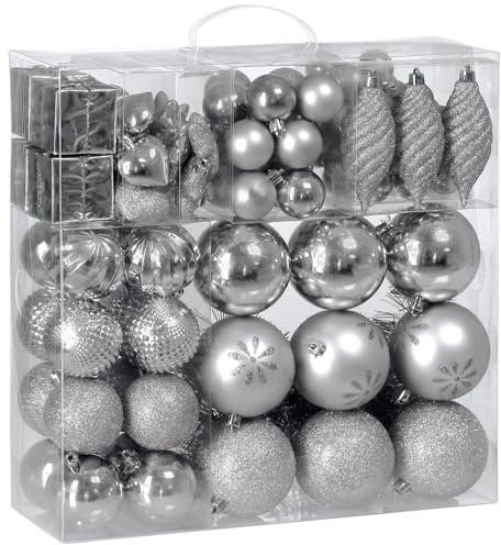 Deuba® Weihnachtskugeln 103tlg Ø 3-8cm Kunststoff matt glänzend Christbaumkugeln Christbaumschmuck Anhänger Weihnachtsbaumkugeln Weihnachtsdeko Silber