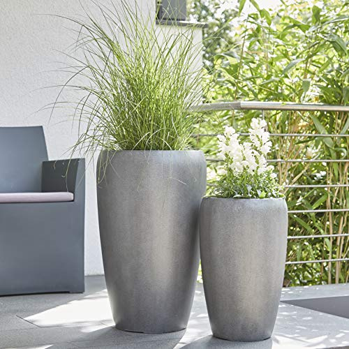 Klocke Pflanzgefäße Wunderschöne & Hochwertige Pflanzvase im 2er Set/Blumenkübel - Fiberglas - Mit Einsatz – Indoor & Outdoor (2er Set: Höhe 70cm & 50cm, Dunkelgrau)