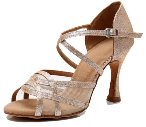 MGM-Joymod Zapatos de Baile Latino Modernos para Mujer de Malla con Purpurina Puntera Abierta Salsa Tango salón de Baile para Boda Fiesta,TH1236 Dorado 9cm Tacón,37.5 EU