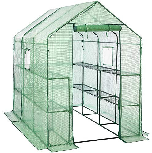 LARMNEE Gewächshaus, Foliengewächshaus, Tomatenhaus, Begehbares tomatengewächshaus, PE Gitterfolie, 14 Regalen und 2 Fenster, Stabil, Garten, Balkon, 145 x 212 x 198 cm, Grün EGN13GH02G1