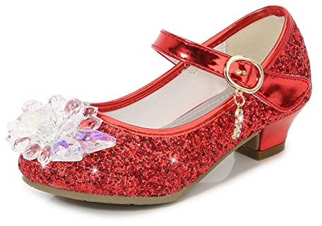 OMEARK Girls Glitter Dress Shoes Low Heel Princess Clear Flower Wedding Party Pump Shoes Round Head Stylish Sparkly Dress Up Shoes for Kids Toddler Rhinestone Sandals,Red,38