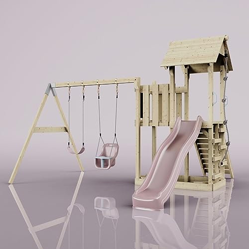 Rebo Spielturm mit Wellenrutsche, Kinder-Schaukel und Baby-Schaukel | Outdoor Klettergerüst Garten mit Plattform | Kletterseil und Kletterleiter | Stabile Konstruktion