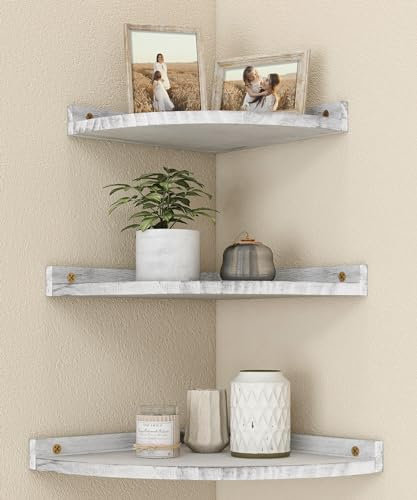 Petrala Eckregal weiß hängend wandregal Holz 3er Set Vintage Schwimmende Regale Rustikal Eckregale für die Wand Bücherregal mit rundem Ende schweberegal für Badezimmer küche Schlafzimmer