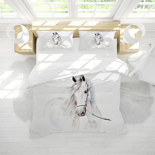 JEFFEL Biancheria da letto con cavallo 135 x 200 cm, per ragazze, set biancheria da letto per bambini, motivo animali cavallo, set copripiumino in microfibra con cerniera e federa 80 x 80 cm, per bamb