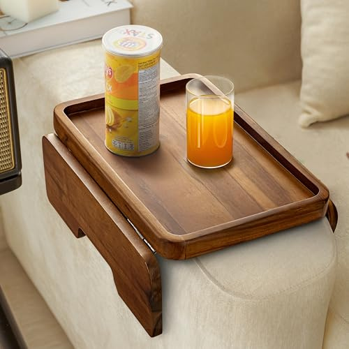 HOLANA Acacia Wood Sofa Armrest Tray - 13.75 x 9.5in Double Hinge Sofa Arm Tray Table Clip - Couch Arm Table - Wooden Side Tables for Eating and Drink (Acacia, 13.75 D x 9.5 W x 2 H)