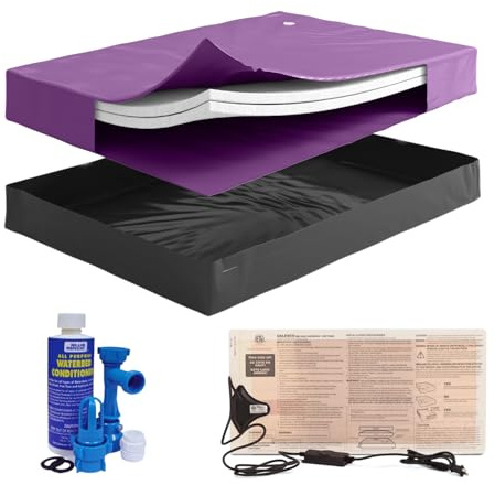 Blue Magic Queen Size 60% Semi-Waveless Hardside Waterbed Mattress Bundle with Two Fiber Layers, 325W Heater, Liner, Fill/Drain Kit & Conditioner - No Frame