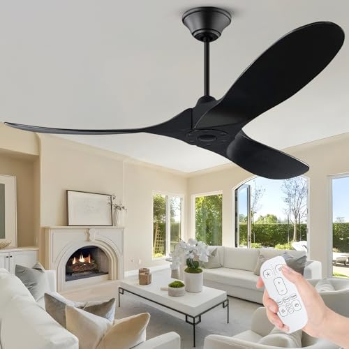 OUENGK 152cm Moderner schwarzer Deckenventilator ohne Licht mit Fernbedienung, Holz-Deckenventilator für Terrasse mit umschaltbarem DC-Motor für Wohn-Esszimmer überdachter Außenbereich