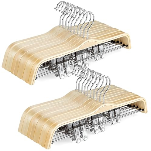 TOPIA HANGER Wooden Pants Hangers,Slim Natural Wood Skirt Hangers with Anti-Rust Hook and Adjustable Metal Clips, Perfect for Skirts, Pants, Slacks-20 Pack-CT17N20