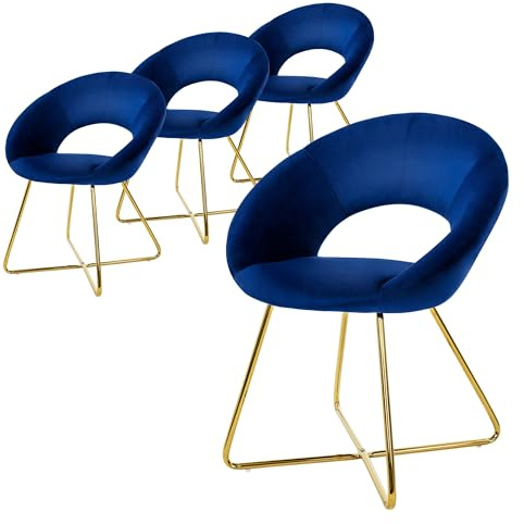 ML-Design matsalsstolar set om 4 blå sammet, vardagsrumsstol med runt ryggstöd, stoppad stol med gyllene metallben, ergonomisk matbordsfåtölj, köksstol skalstol toalettbordsstol