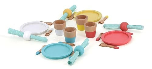 Vilac Dinette Trämåltid - 28-delat set för barn - stimulerar fantasi och imitation med tallrikar, glas, bestick och handdukar - främjar finmotorik, 8178