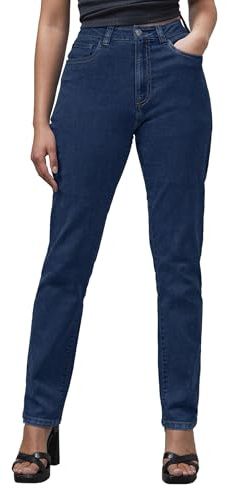 Enorsia Jean boyfriend authentique taille haute pour femme avec tissu denim doux super extensible, aspect délavé, bouton de marque et fermeture éclair, bleu foncé, 40