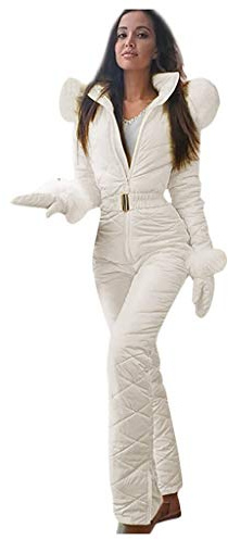Tuta da neve da donna, in un pezzo, calda, da sci, da donna, con cappuccio, calda, per lo sci, per lo snowboard, per lo sport all'aria aperta, per lo sci, per lo sci, bianco, S