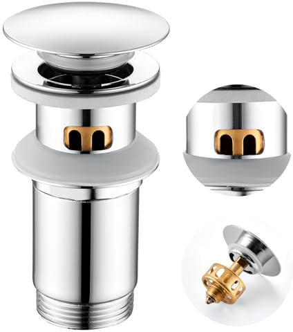 Auralum Edelstahl Waschbeckenstöpsel, Abflussstopfen mit Messing Anti Clogging Sieb, Pop Up Ablaufventil mit Überlauf, Ablaufgarnitur für Waschbecken und Waschtisch, Verchromt