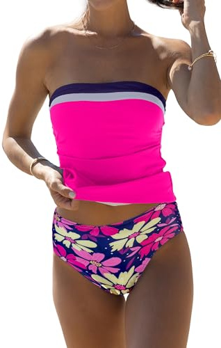 Beachsissi Conjunto de tankini para mujer con control de abdomen, color sólido, sin tirantes, color, rosa oscuro, L