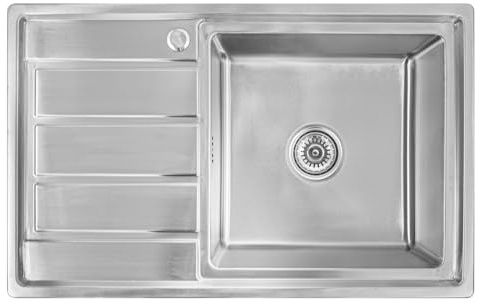Omeere, 80 x 50 x 21 inbyggd diskbänk, rostfritt stål 304, materialtjocklek 0,9 mm, diskho, kök, diskbänk fyrkantig, 1 bassäng, dräneringsyta R16 (dräneringsyta vänster – silver)