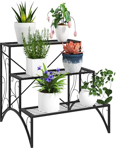 Outsunny 3-Tier Metal Plant Stand, Vintage Ladder Shelf Flower Pot Holder for Indoor Outdoor, Display Shelf Rack for Garden Patio Balcony, Black