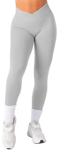 TAYOEA Leggings sportivi da donna, con vita a V, effetto push up stropicciato sui glutei, per allenamenti, yoga, fitness, palestra, a vita alta, senza cuciture, elasticizzati, A grigio., S