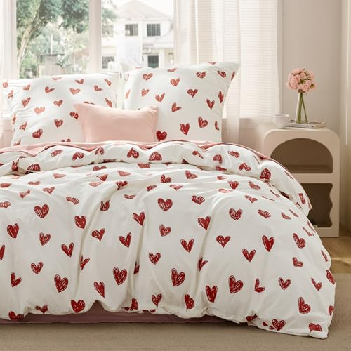 BEDSURE Juego de ropa de cama 155x220 3 piezas Corazones - Juego de ropa de cama Blanco Corazones con funda nórdica 155x220 y 2 fundas de almohada 80x80 cm, Ropa de cama Oeko-TEX con patrón Rojo