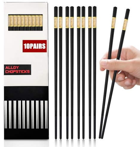 Jiaoshou Pan 10 Paia Bacchette Sushi in Fibra di Vetro, Lavabili in Lavastoviglie e Riutilizzabili, Bacchette Giapponesi, Chopsticks Nere 24CM per Casa Cucina Ristorante (Golden Ruyi)