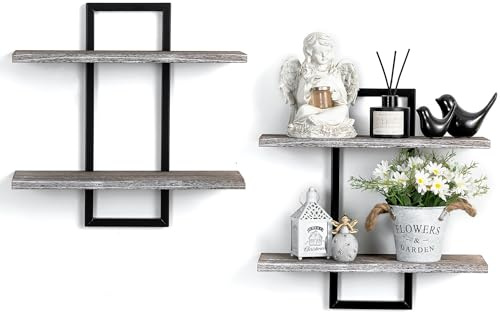 Walasis Rustic Wood Floating Shelves - Farmhouse Wooden Wall Shelves Organizer with Sturdy Metal Frame for Living Room Bedroom