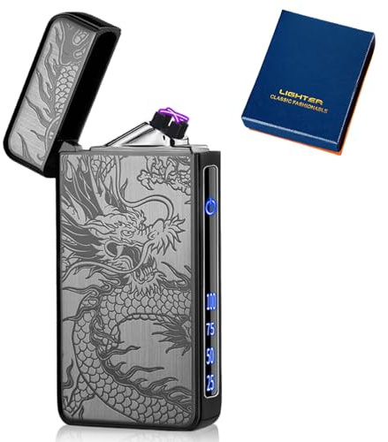Accendino elettronico USB, accendino elettrico USB, ad arco a LED, doppio arco, con indicatore di batteria, antivento, al plasma, con confezione regalo (drago nero)