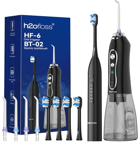 H2ofloss Combo de hilo dental y cepillo de dientes eléctrico – Cuidado bucal 2 en 1 para cepillado y hilo dental | Tanque de agua de 300 ml, 20-110 PSI, 5 modos, sin BPA | Batería de larga duración |